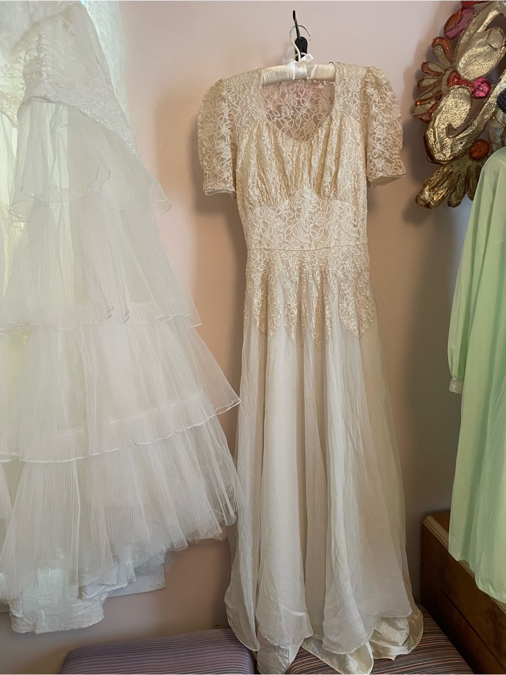 Ivory Lace Chiffon Puff-Sleeve Wedding Dress 1940s Romantic